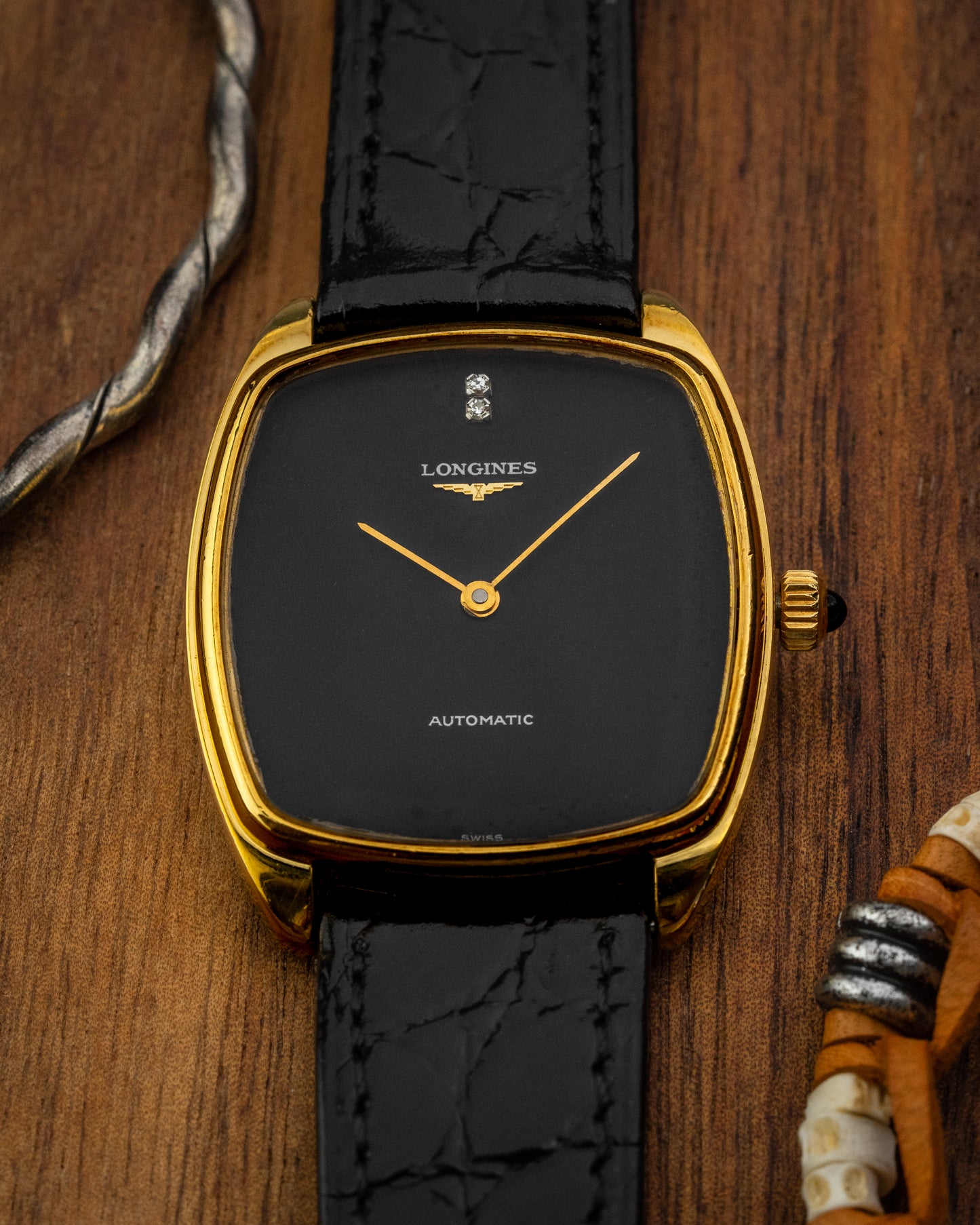 Longines Tonneau Automatic “Diamond Pip” Black dial Gold Ref. 3617 (Cal. 645.1)
