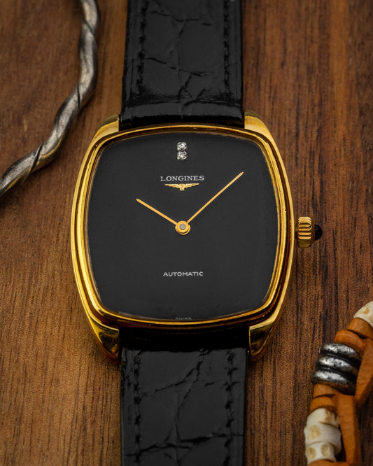 Longines Tonneau Automatic “Diamond Pip” Black dial Gold Ref. 3617 (Cal. 645.1)