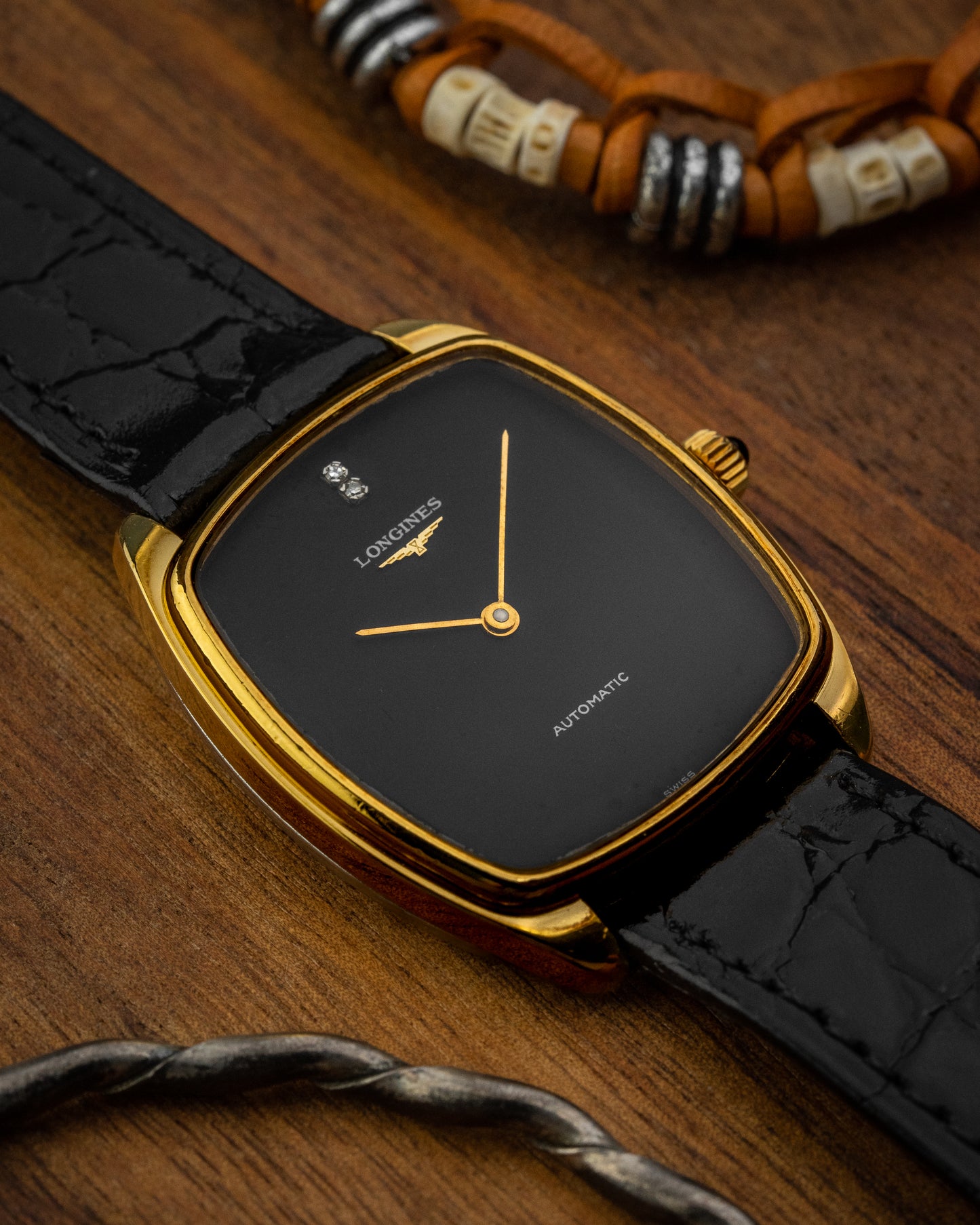 Longines Tonneau Automatic “Diamond Pip” Black dial Gold Ref. 3617 (Cal. 645.1)