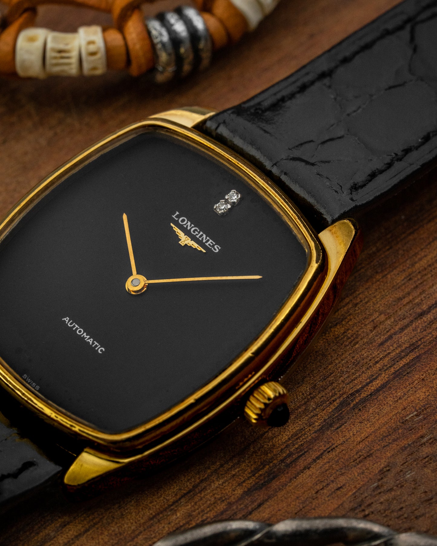 Longines Tonneau Automatic “Diamond Pip” Black dial Gold Ref. 3617 (Cal. 645.1)
