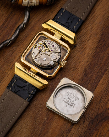 Universal Geneve Square “Convertible Cow Horn Lugs” Black dial Gold Ref. 511627 (Cal. 11)
