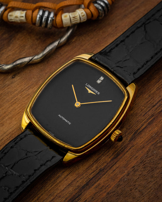 Longines Tonneau Automatic “Diamond Pip” Black dial Gold Ref. 3617 (Cal. 645.1)