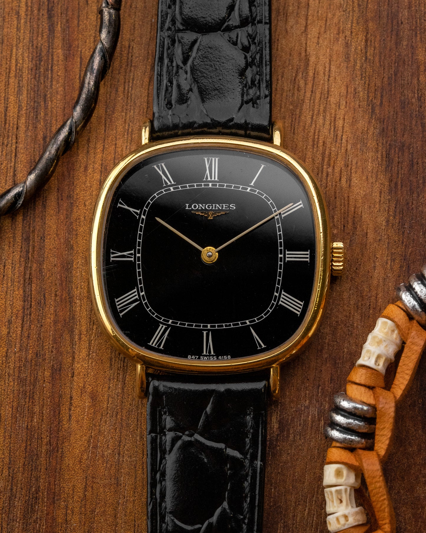 Longines Square "Cushion" Black Roman dial Gold Ref. 4158 (Cal. 847.4)