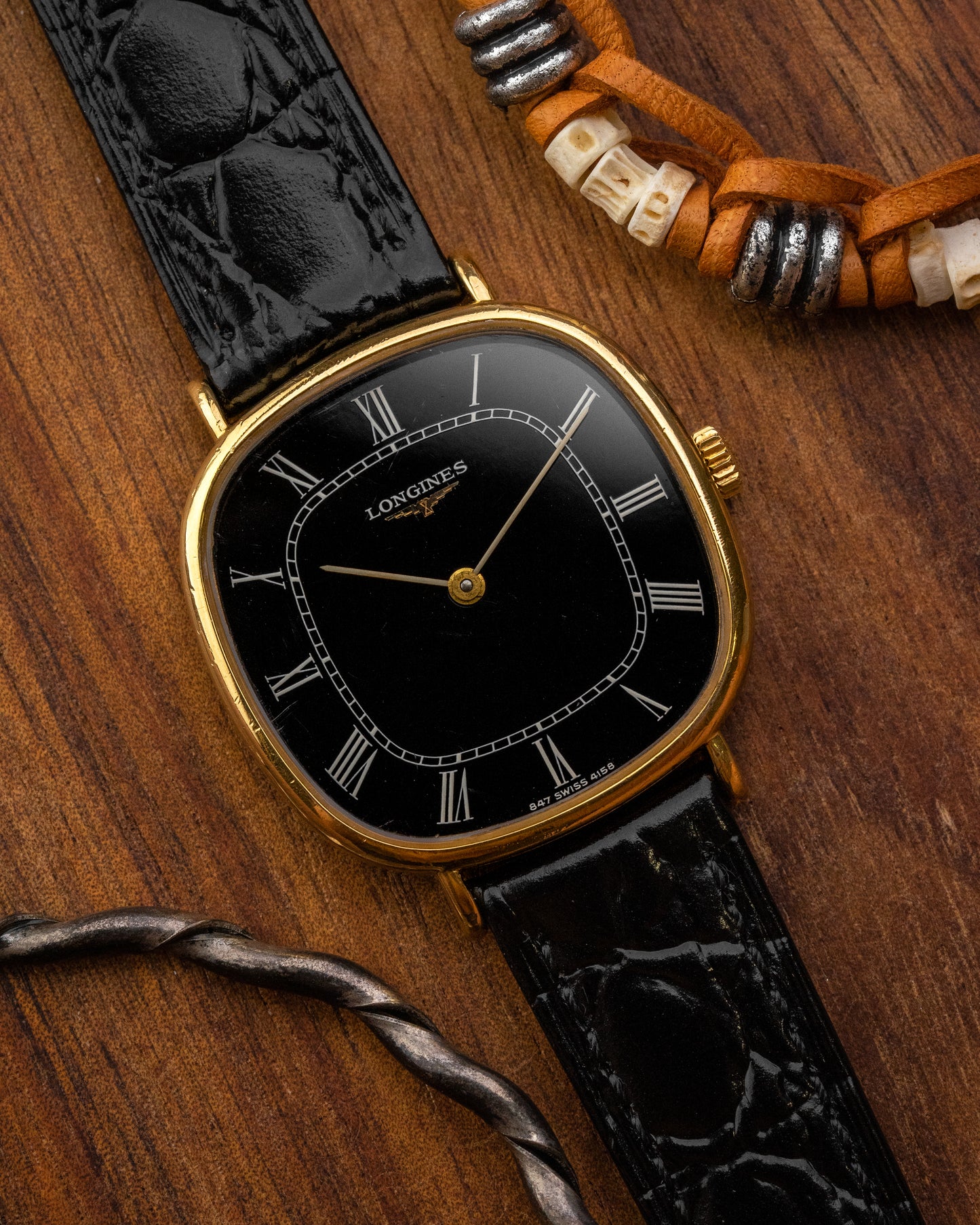 Longines Square "Cushion" Black Roman dial Gold Ref. 4158 (Cal. 847.4)