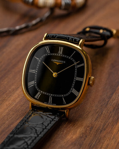 Longines Square "Cushion" Black Roman dial Gold Ref. 4158 (Cal. 847.4)