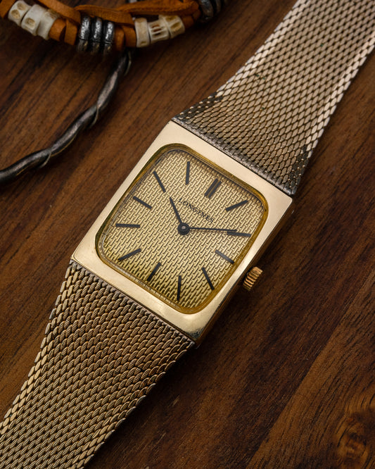 Longines "Rectangular TV" Textured dial Gold Integrated Bracelet Ref. 3266 (Cal. 847.4)