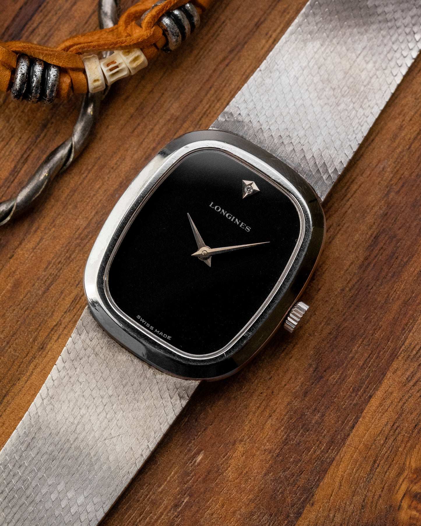 Longines Ellipse "Diamond Pip" Black dial 0.800 Silver Integrated Bracelet Ref. 3008 (Cal. L847.3)