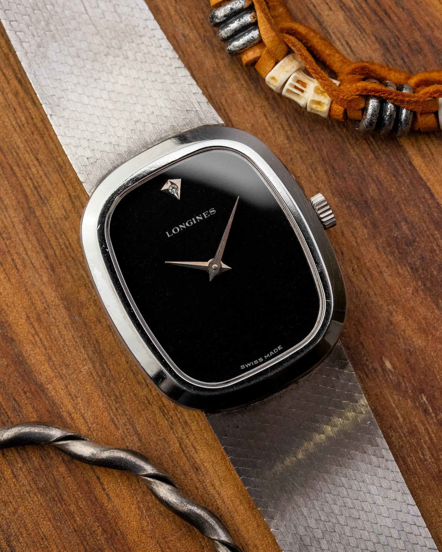 Longines Ellipse "Diamond Pip" Black dial 0.800 Silver Integrated Bracelet Ref. 3008 (Cal. L847.3)