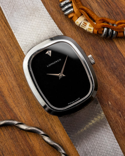 Longines Ellipse "Diamond Pip" Black dial 0.800 Silver Integrated Bracelet Ref. 3008 (Cal. L847.3)